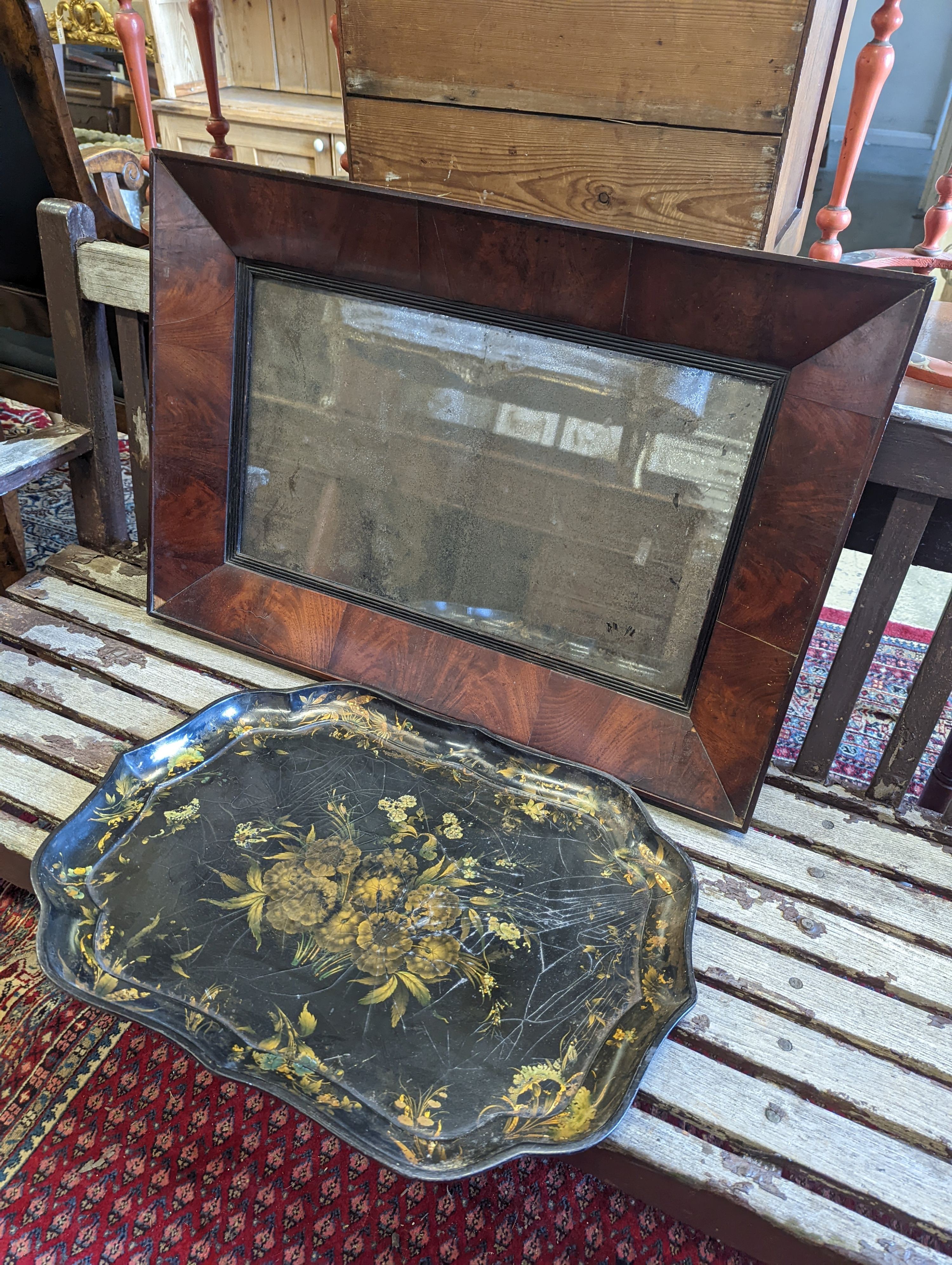 A Victorian papier-mache tray together with a Victorian rectangular mahogany wall mirror, width 82cm, height 57cm